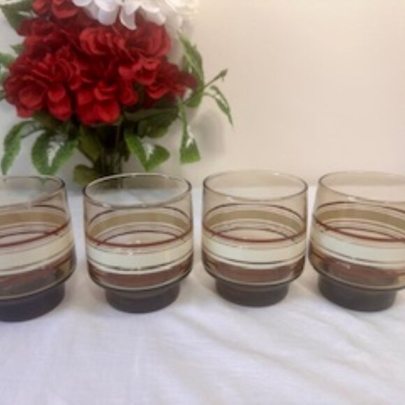 Vintage Luminarc Tivoli Smoked Lowball‎ Glasses Red & White Stripe 1970s French - Picture 5 of 10